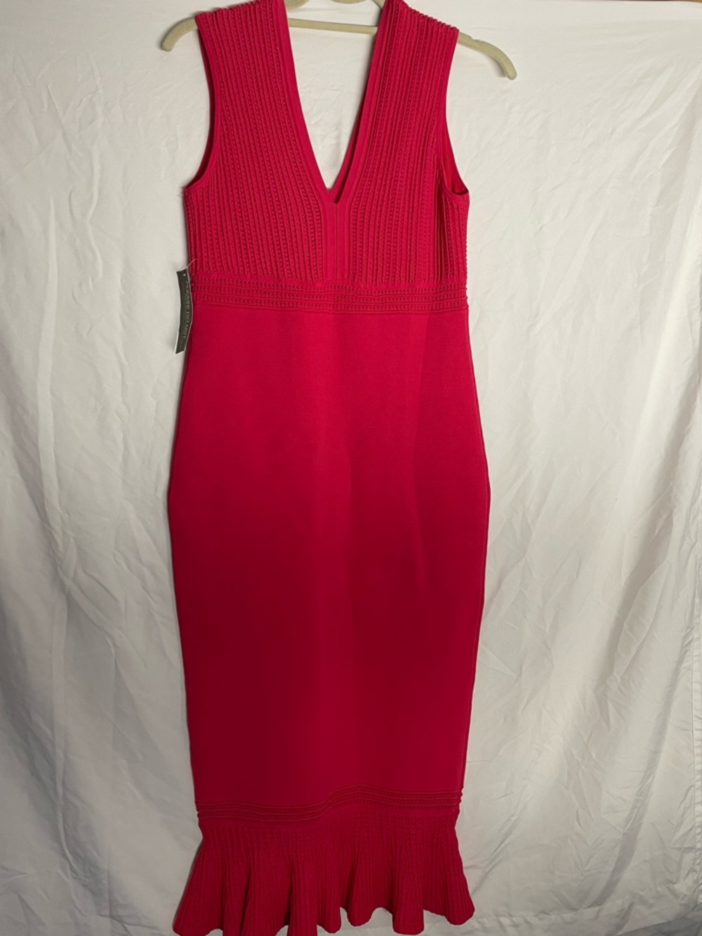 Eva Mendes NWT Hot Pink Knit V‑Neck Midi Dress with Ruffle Hem